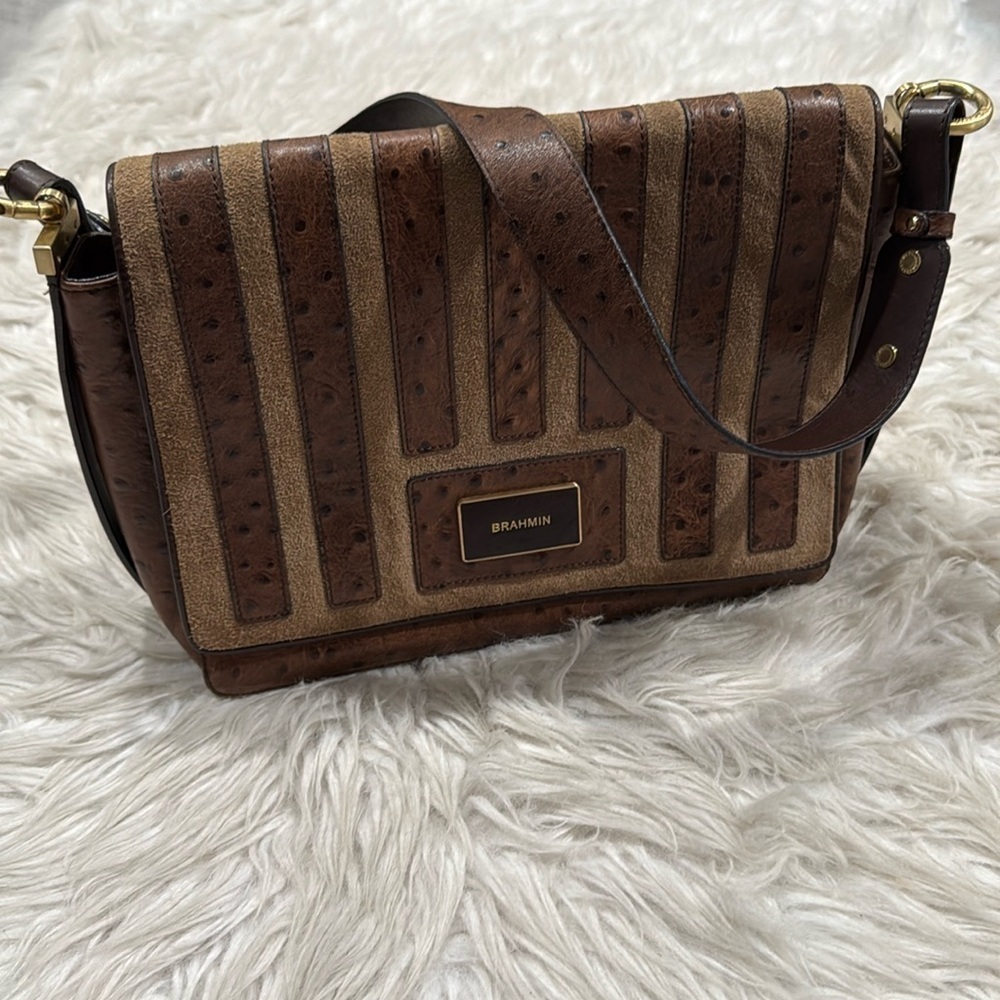 Brahmin Vintage Brown Ostrich Embossed Hudson Convertible Melbourne Shoulder Bag